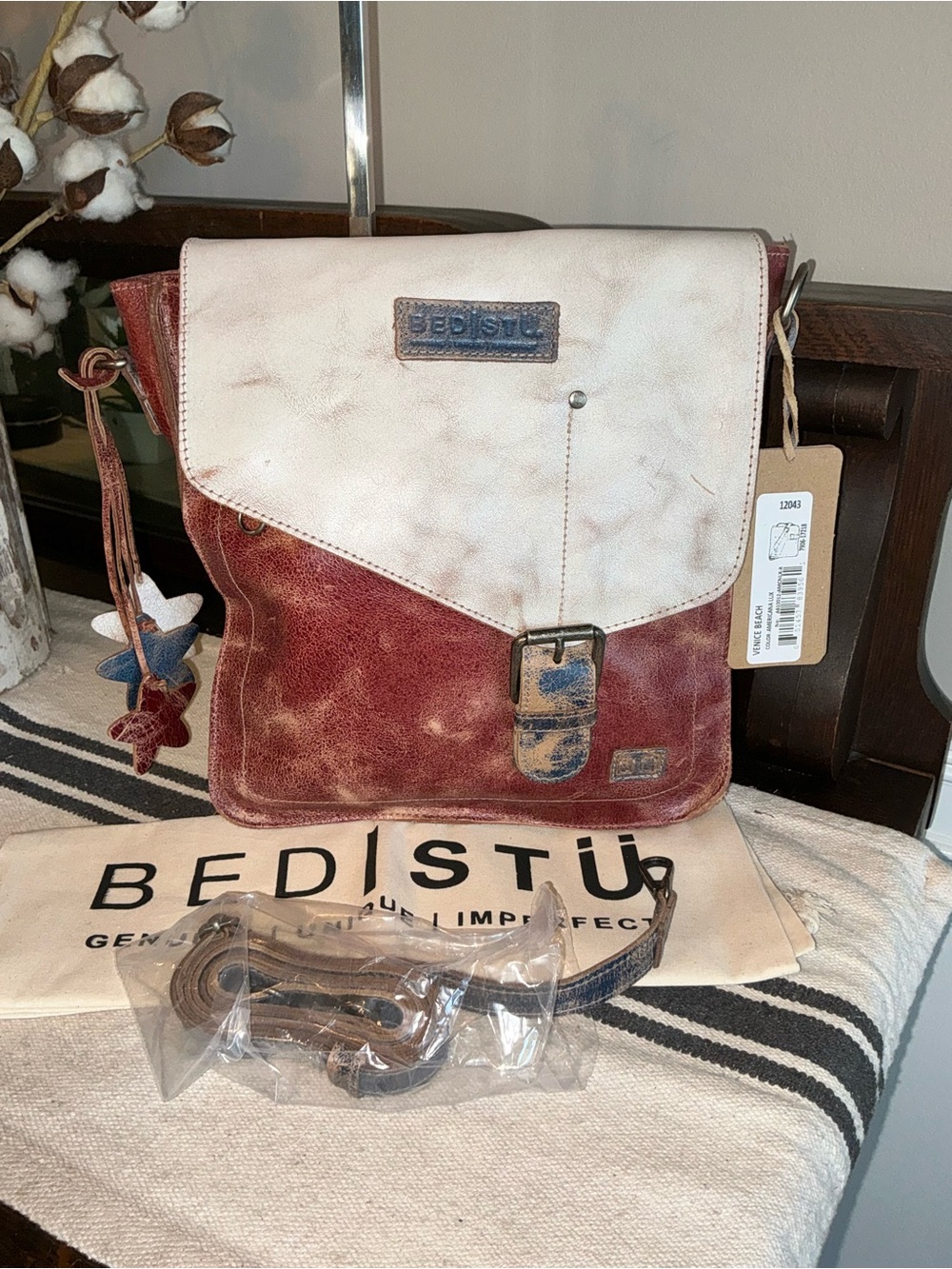 NWT Bed Stu Venice Beach Crossbody Bag Red White Blue Americana Lux MSRP $275